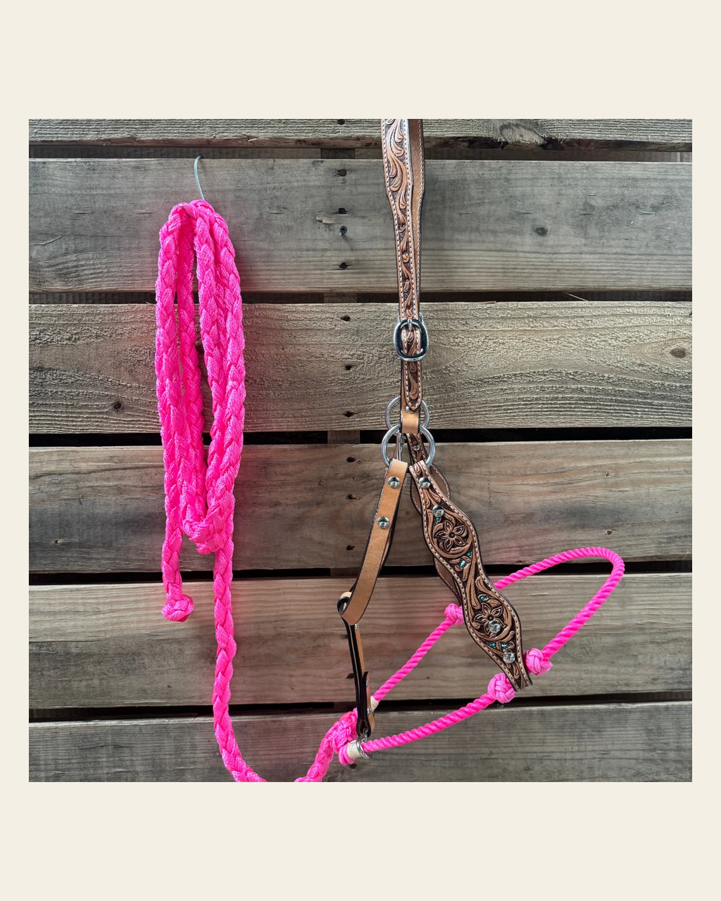 Hot Pink Floral Tooled Lariat & Leather Combo Halter on a warm cream background