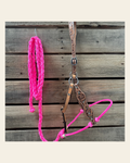 Hot Pink Floral Tooled Lariat & Leather Combo Halter on a warm cream background