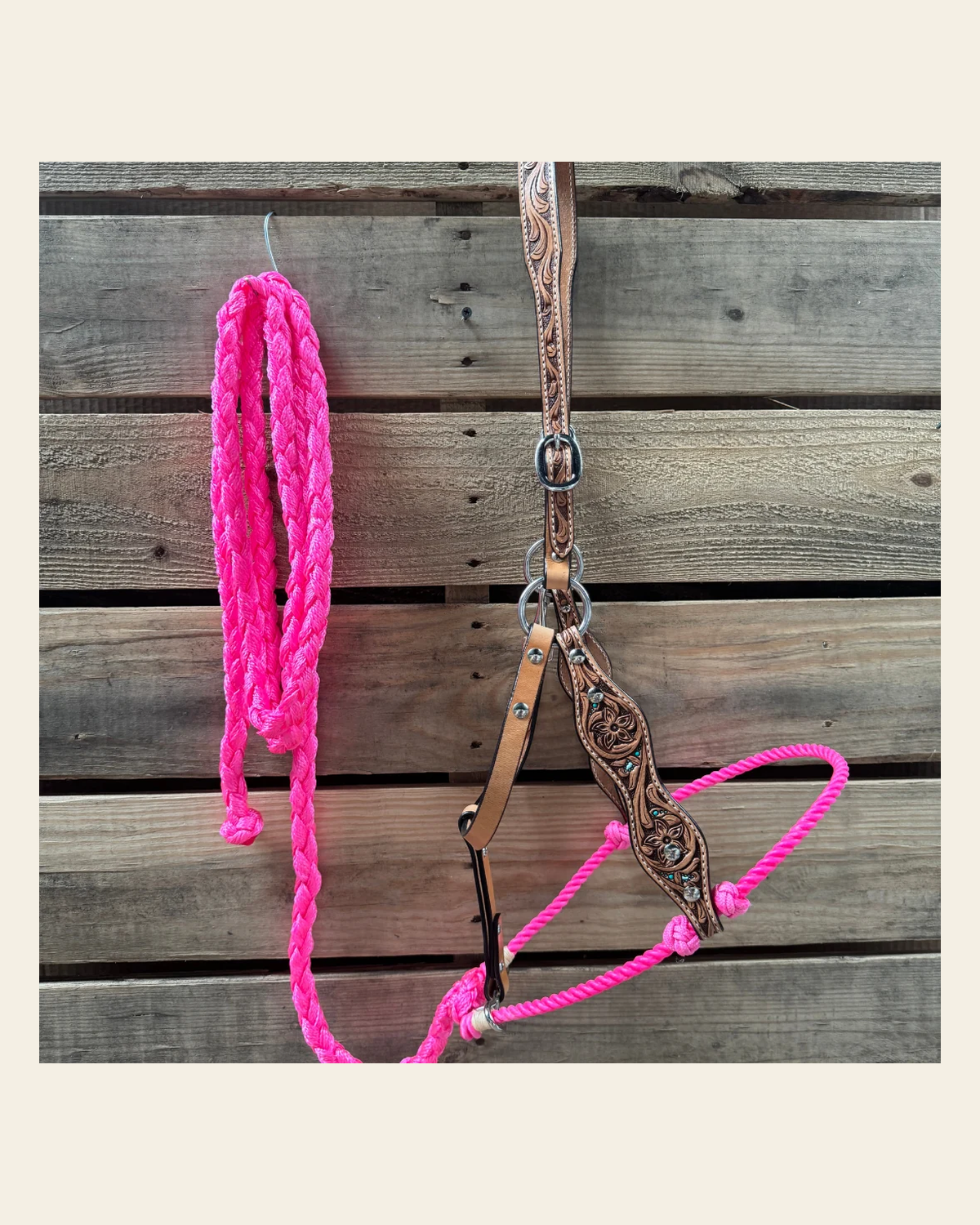 Hot Pink Floral Tooled Lariat & Leather Combo Halter on a warm cream background