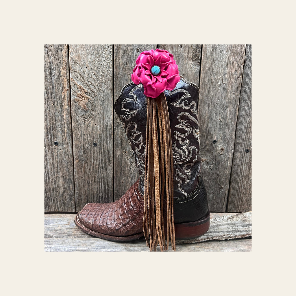 Boot Cuff Jewelry - Leather Pink Flower - Turquoise Concho - Fringe