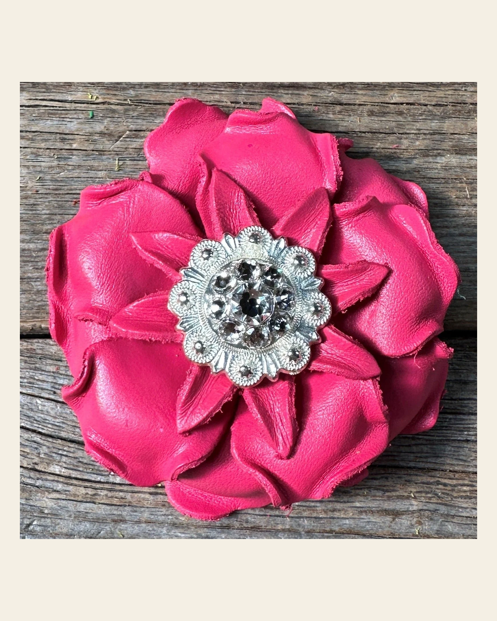 Neon Pink Gardenia Flower With Bright Silver Clear 1" Concho on a warm cream background
