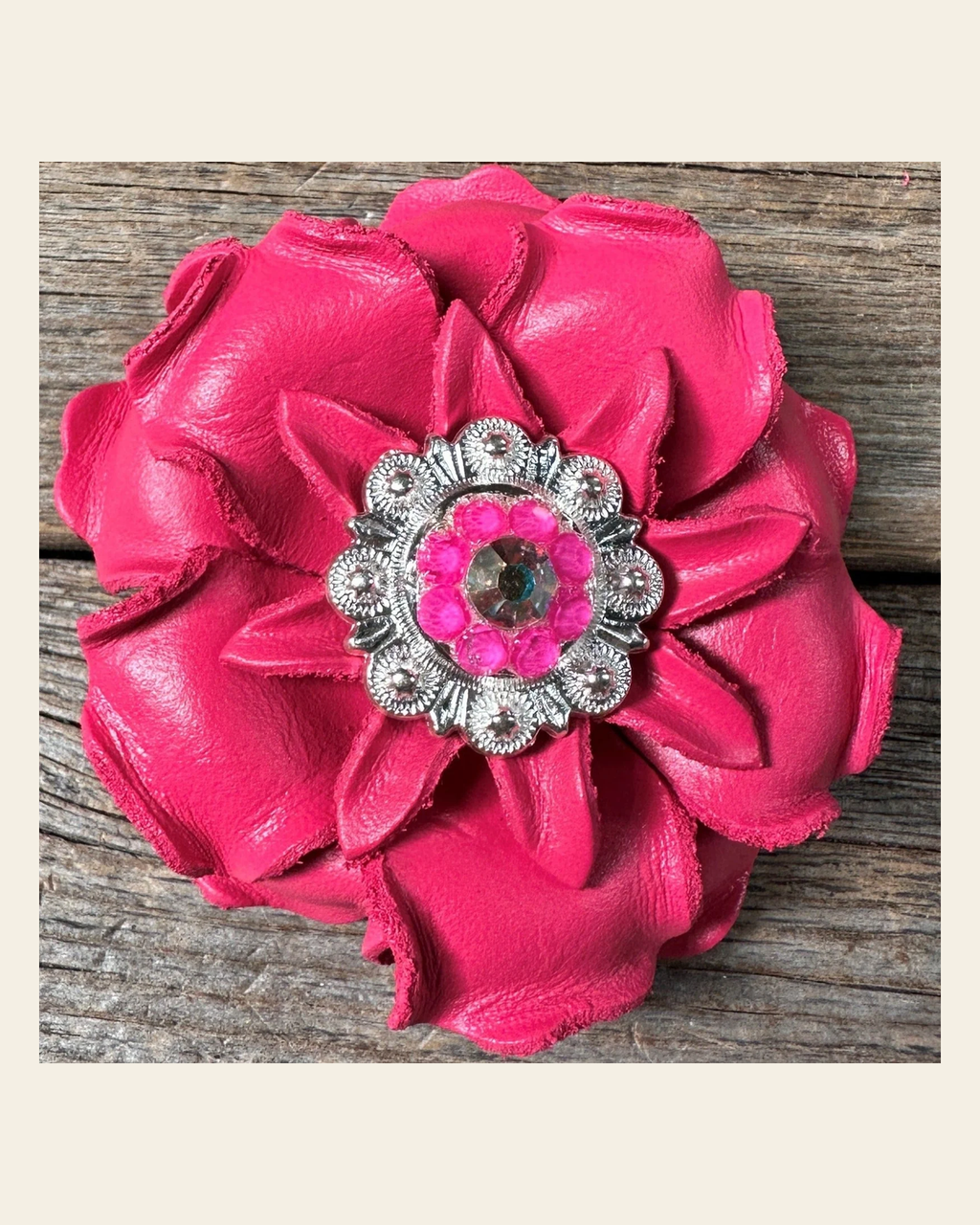Neon Pink Gardenia Flower With Bright Silver Neon Pink & AB 1" Concho on a warm cream background