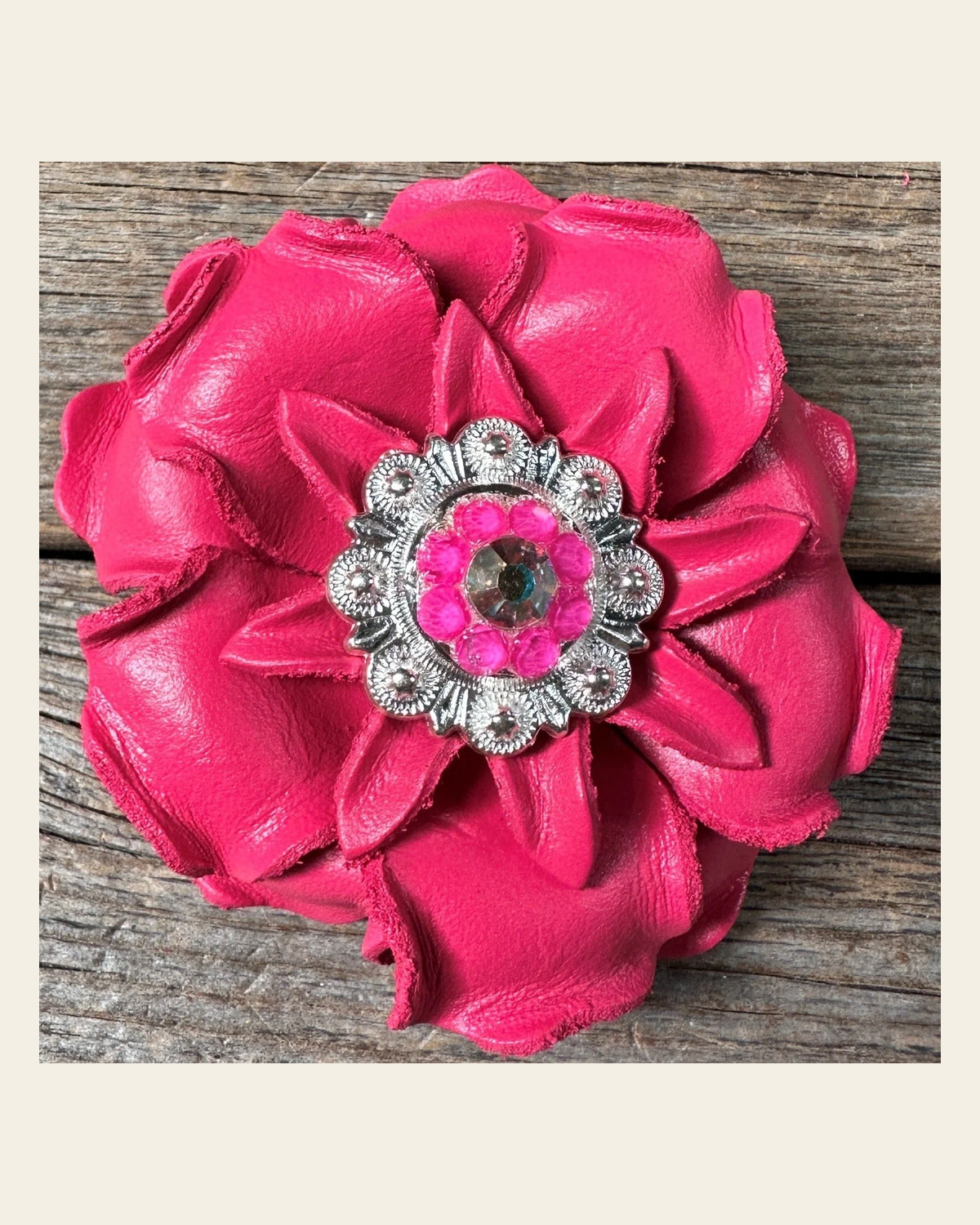 Neon Pink Gardenia Flower With Bright Silver Neon Pink & AB 1" Concho on a warm cream background