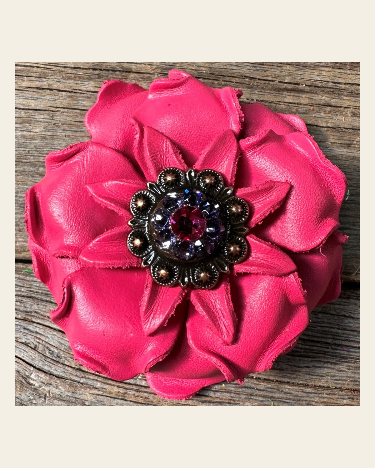 Neon Pink Gardenia Flower With Copper Fuchsia & Lilac 1" Concho on a warm cream background