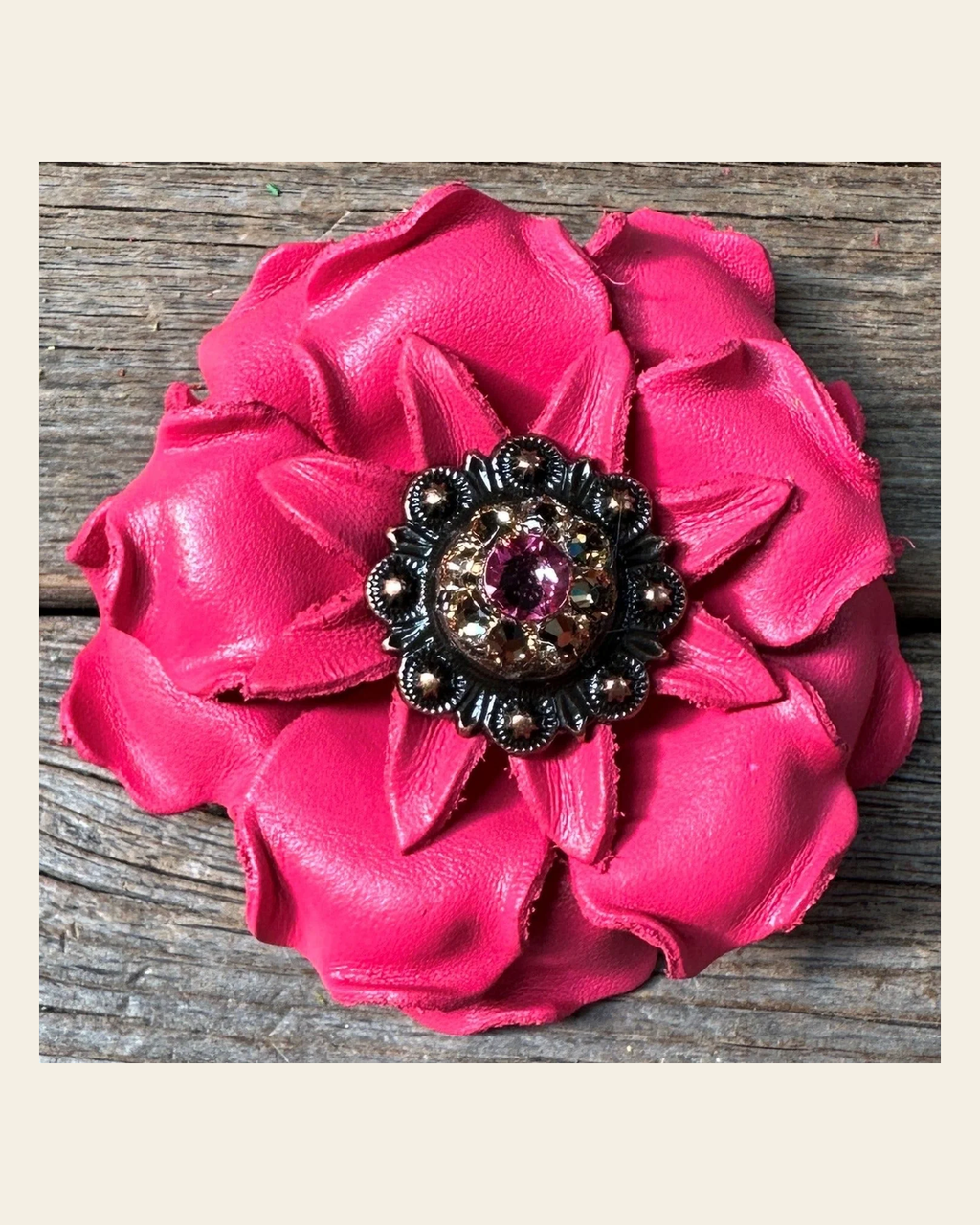 Neon Pink Gardenia Flower With Copper Pink & Champagne 1" Concho on a warm cream background