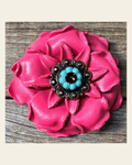 Neon Pink Gardenia Flower With Copper Topaz & Turquoise 1" Concho on a warm cream background