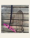 Neon Pink Single Rope Noseband Lariat with Leather Hanger #HAN100 on a warm cream background
