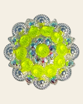 Neon Yellow and AB Bright Silver 1.5" European Crystal Concho on a warm cream background
