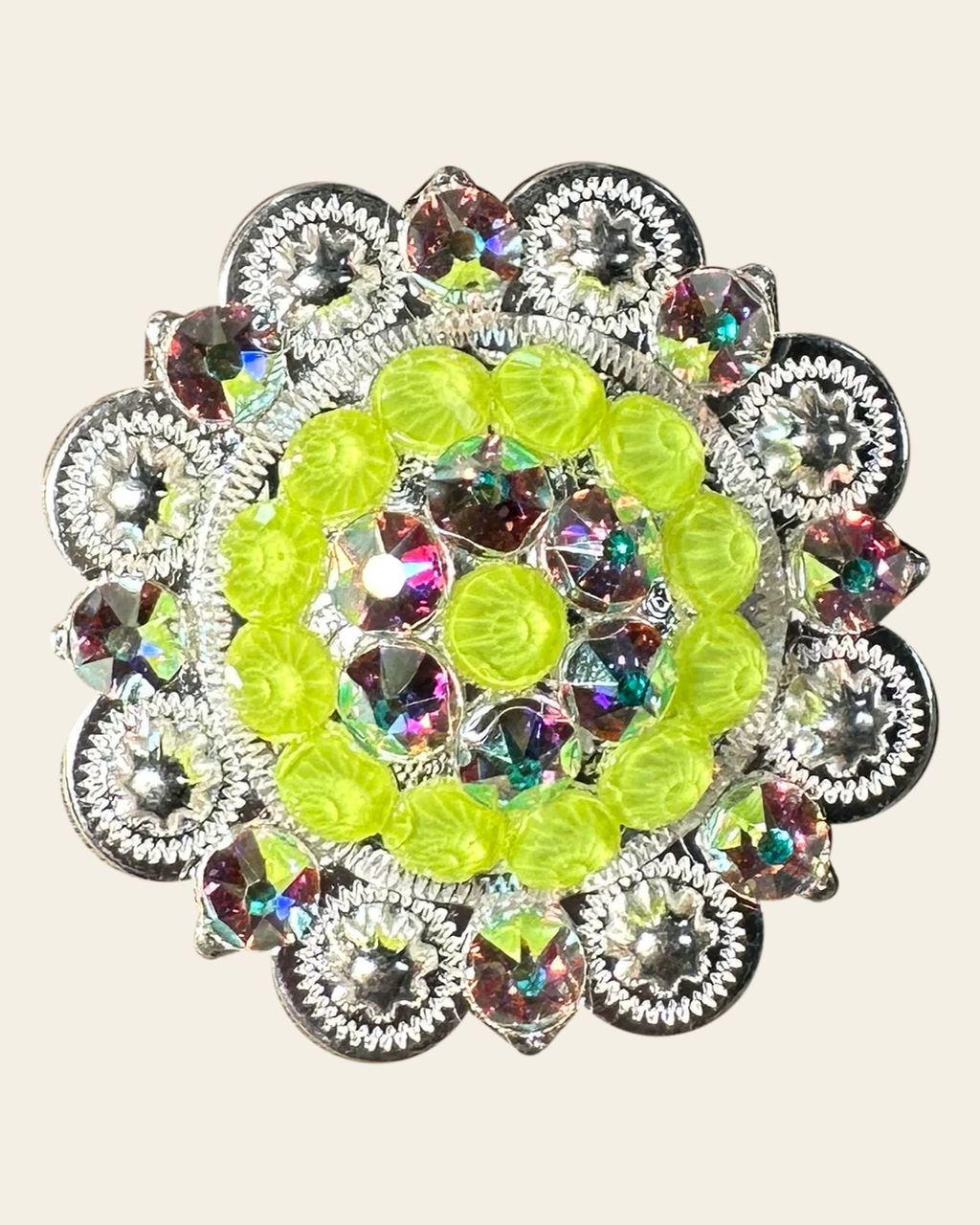 Neon Yellow and AB Bright Silver 2" European Crystal Concho on a warm cream background