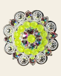 Neon Yellow and AB Bright Silver 2" European Crystal Concho on a warm cream background
