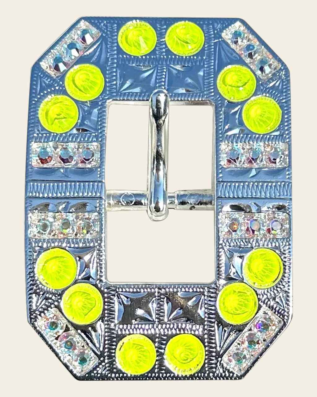 Neon Yellow and AB Bright Silver European Crystal Square Cart Buckle on a warm cream background