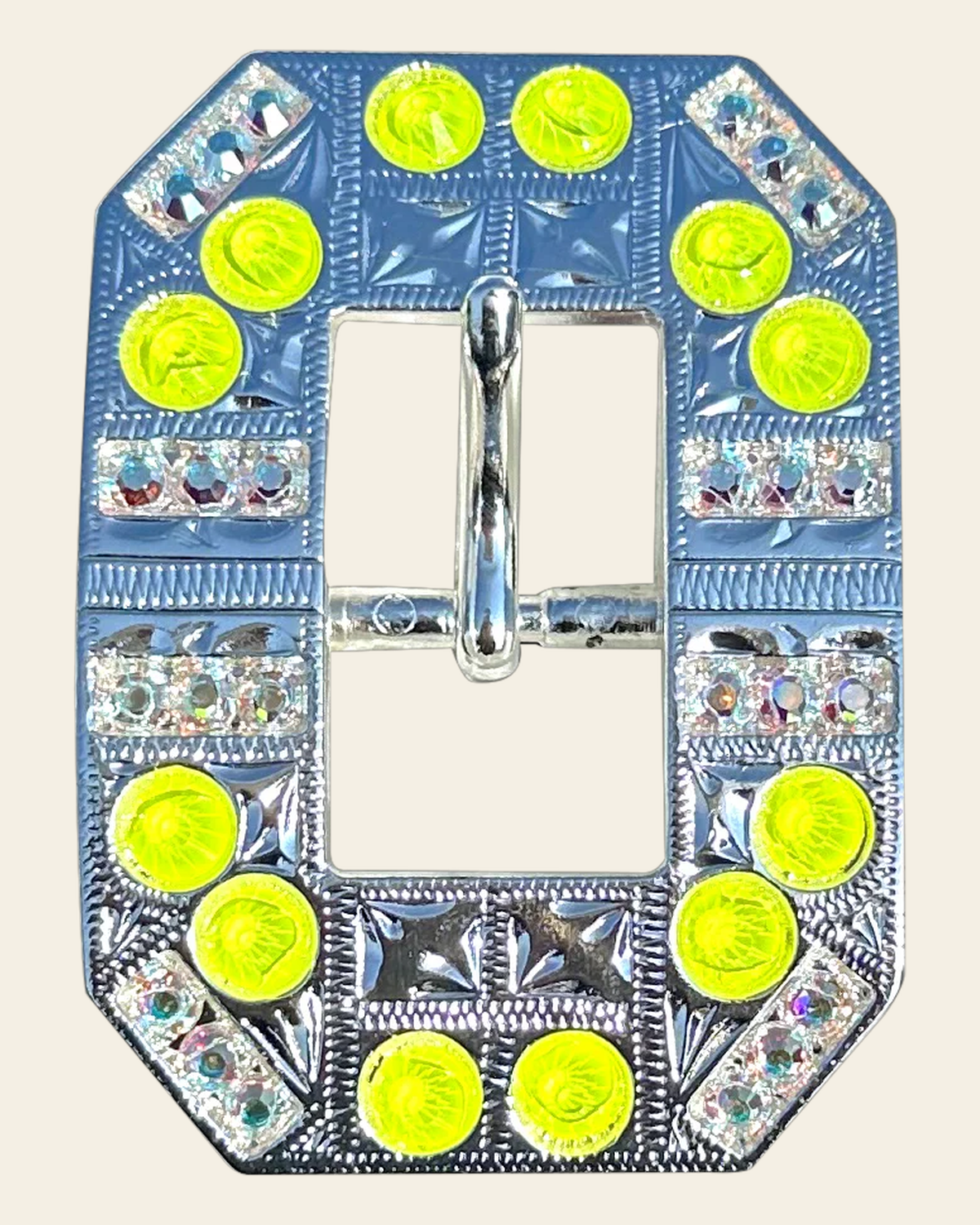 Neon Yellow and AB Bright Silver European Crystal Square Cart Buckle on a warm cream background