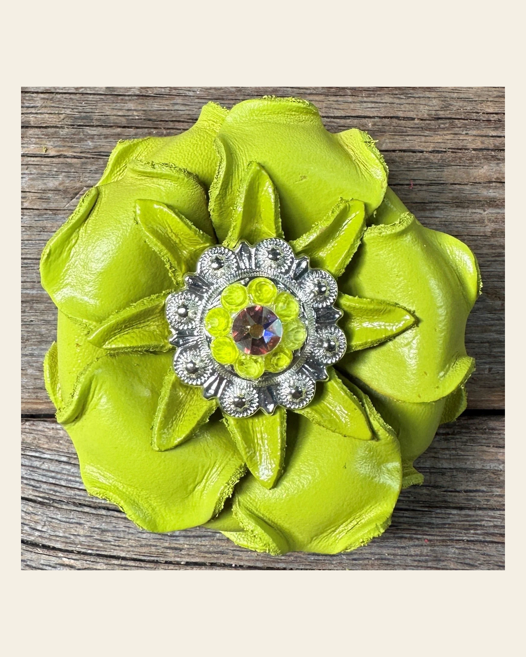 Neon Lime Gardenia Flower With Bright Silver Neon Yellow & AB 1" Concho on a warm cream background