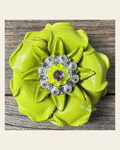 Neon Lime Gardenia Flower With Bright Silver Neon Yellow & AB 1" Concho on a warm cream background