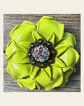 Neon Lime Gardenia Flower With Copper AB 1" Concho on a warm cream background