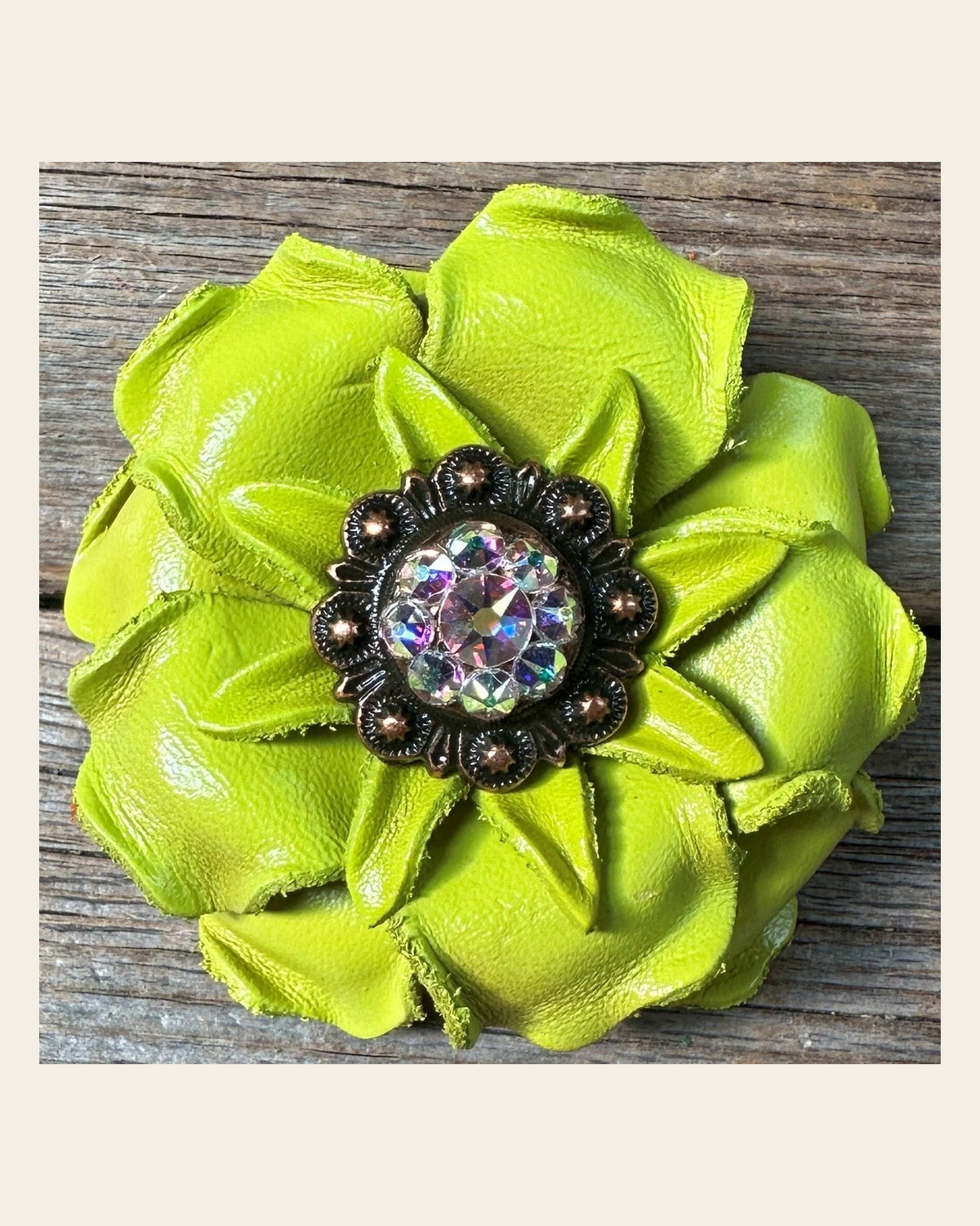Neon Lime Gardenia Flower With Copper AB 1" Concho on a warm cream background