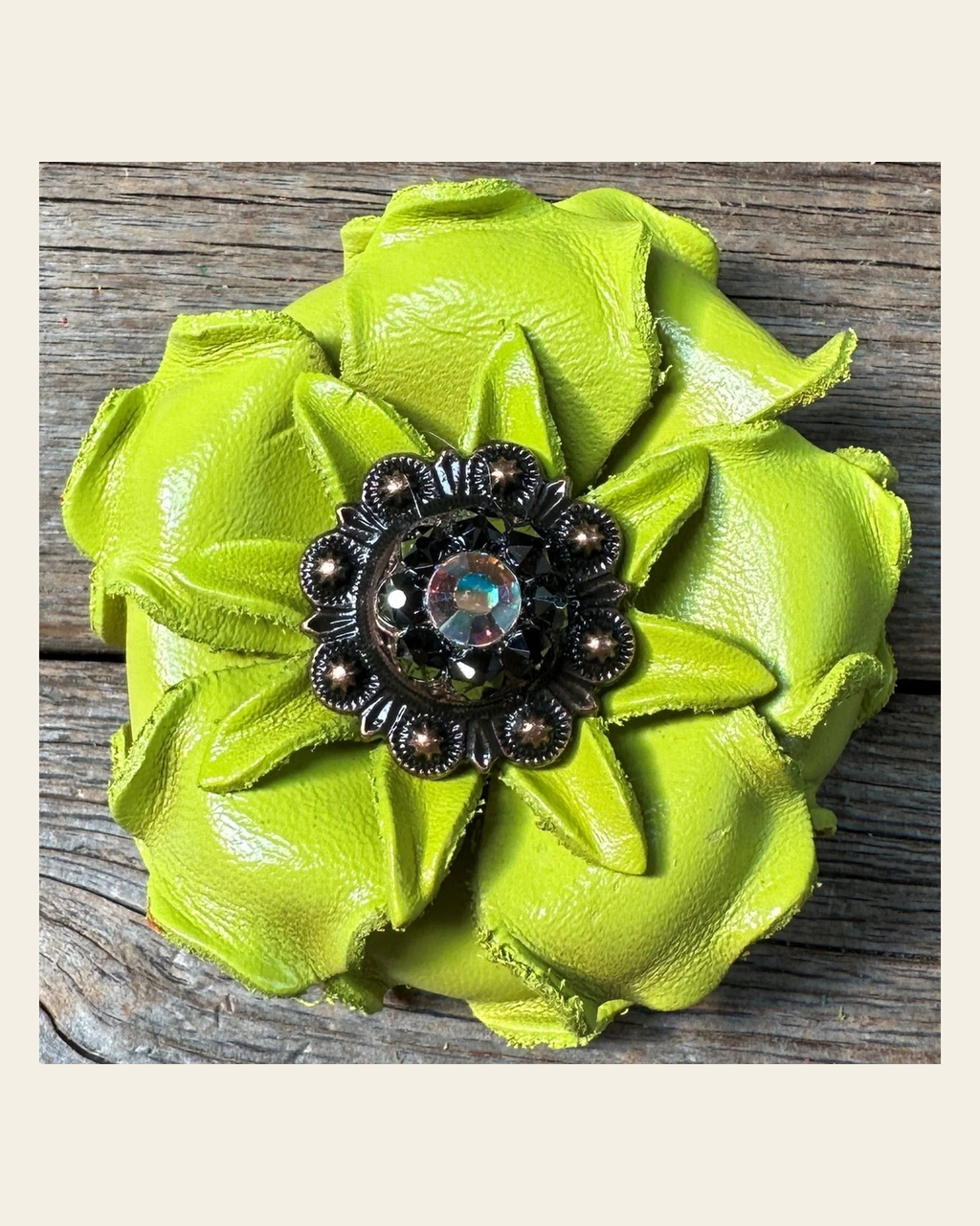 Neon Lime Gardenia Flower With Copper AB & Jet 1" Concho on a warm cream background
