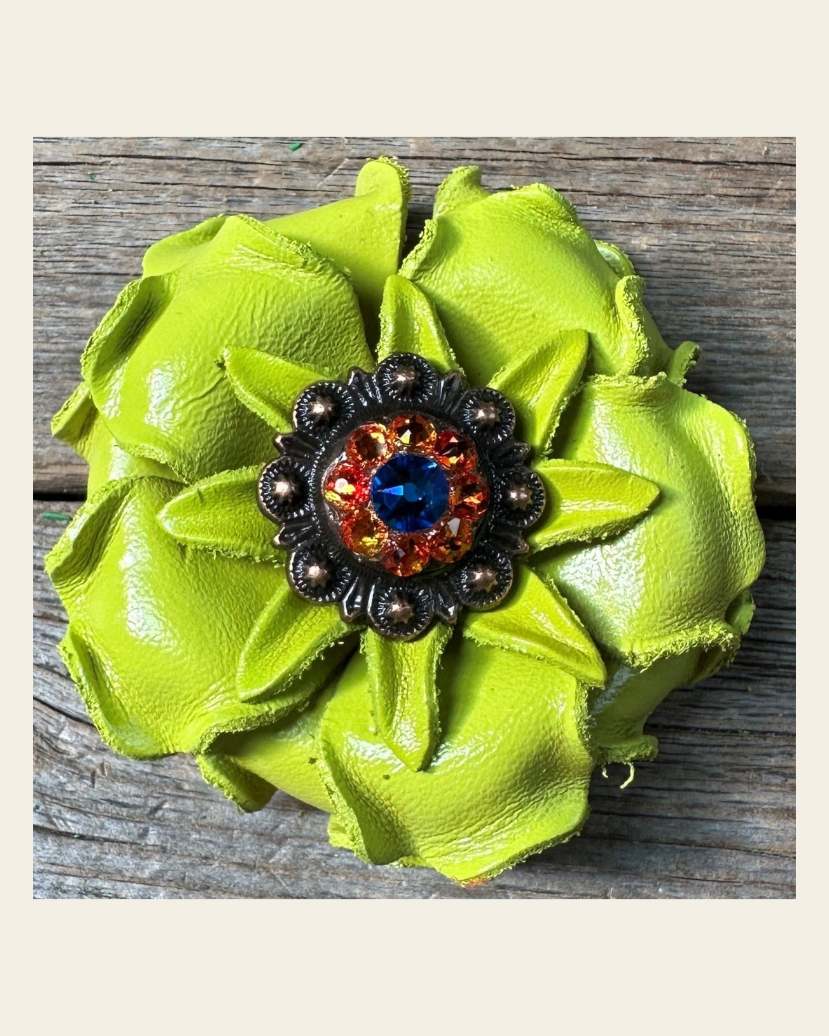 Neon Lime Gardenia Flower With Copper Capri & Fire Opal 1" Concho on a warm cream background