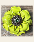 Neon Lime Gardenia Flower With Copper Fern & Clear 1" Concho on a warm cream background