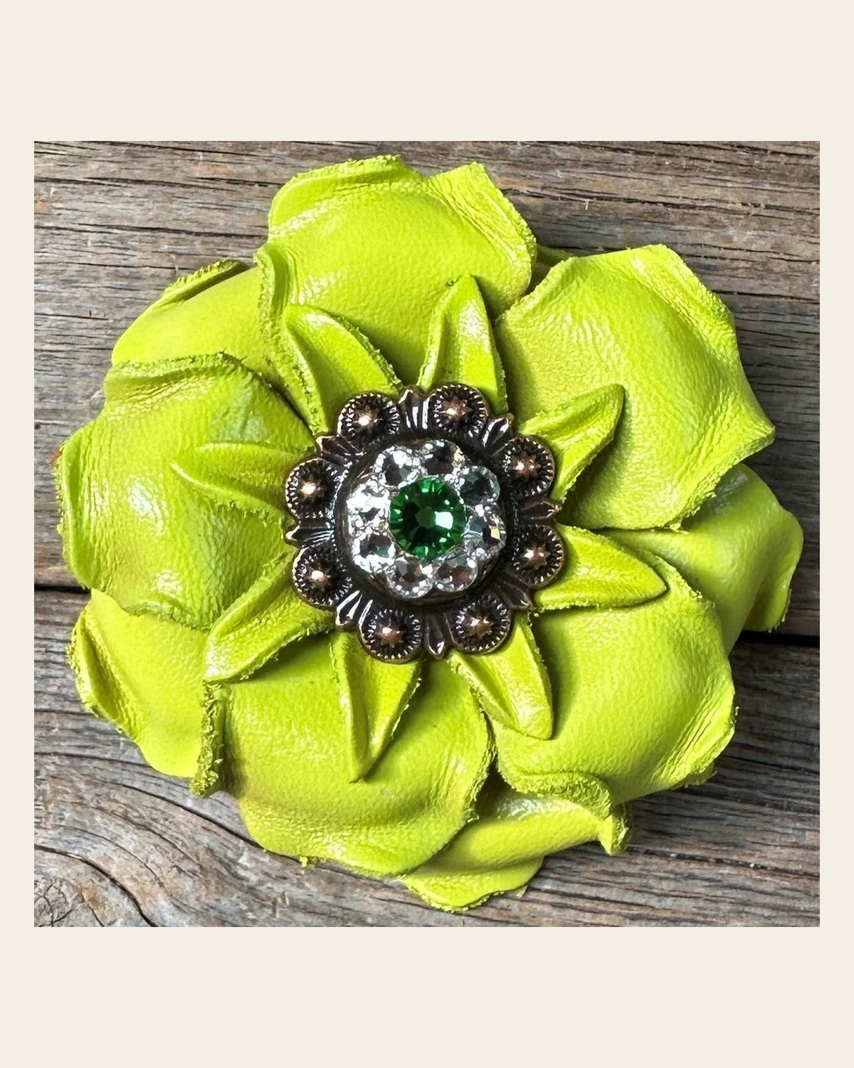 Neon Lime Gardenia Flower With Copper Fern & Clear 1" Concho on a warm cream background