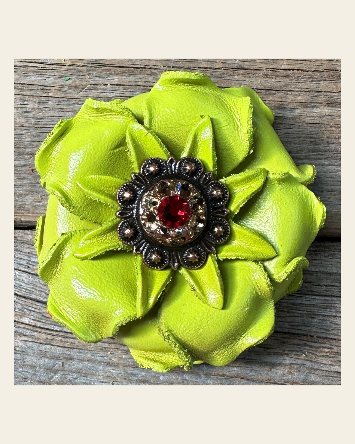Neon Lime Gardenia Flower With Copper Ruby & Champagne 1" Concho on a warm cream background
