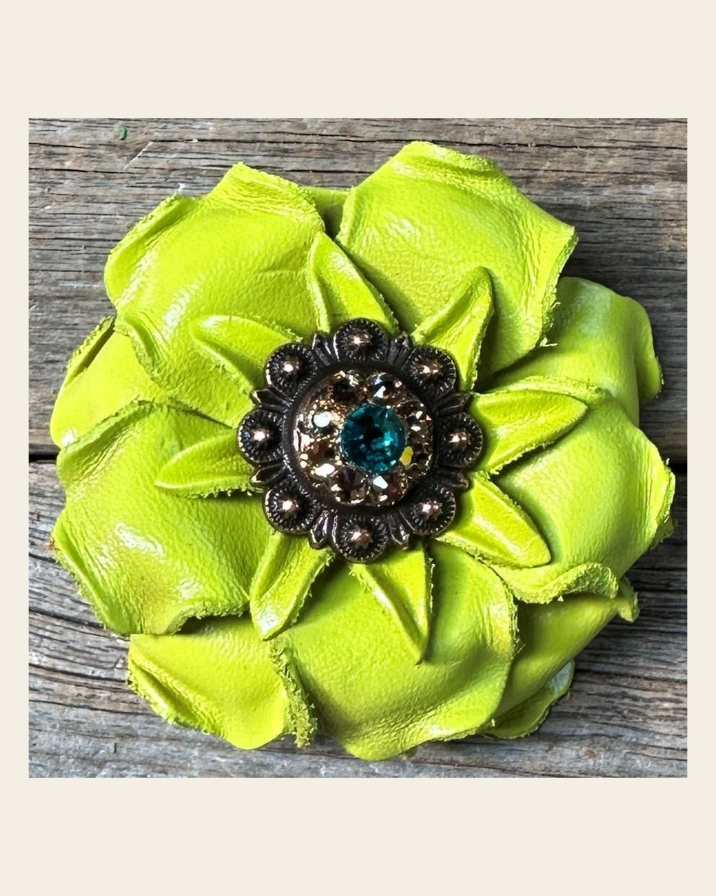 Neon Lime Gardenia Flower With Copper Teal & Champagne 1" Concho on a warm cream background