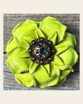 Neon Lime Gardenia Flower With Copper Teal & Champagne 1" Concho on a warm cream background
