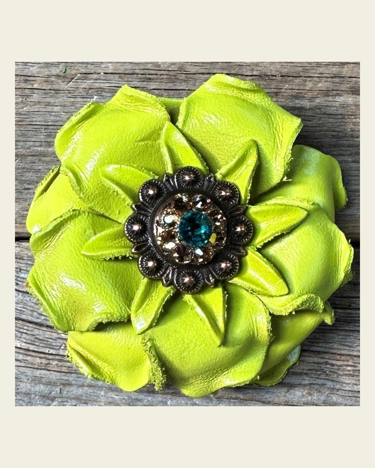 Neon Lime Gardenia Flower With Copper Teal & Champagne 1" Concho on a warm cream background
