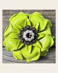 Neon Lime Gardenia Flower With Copper Topaz & Pearl 1" Concho on a warm cream background