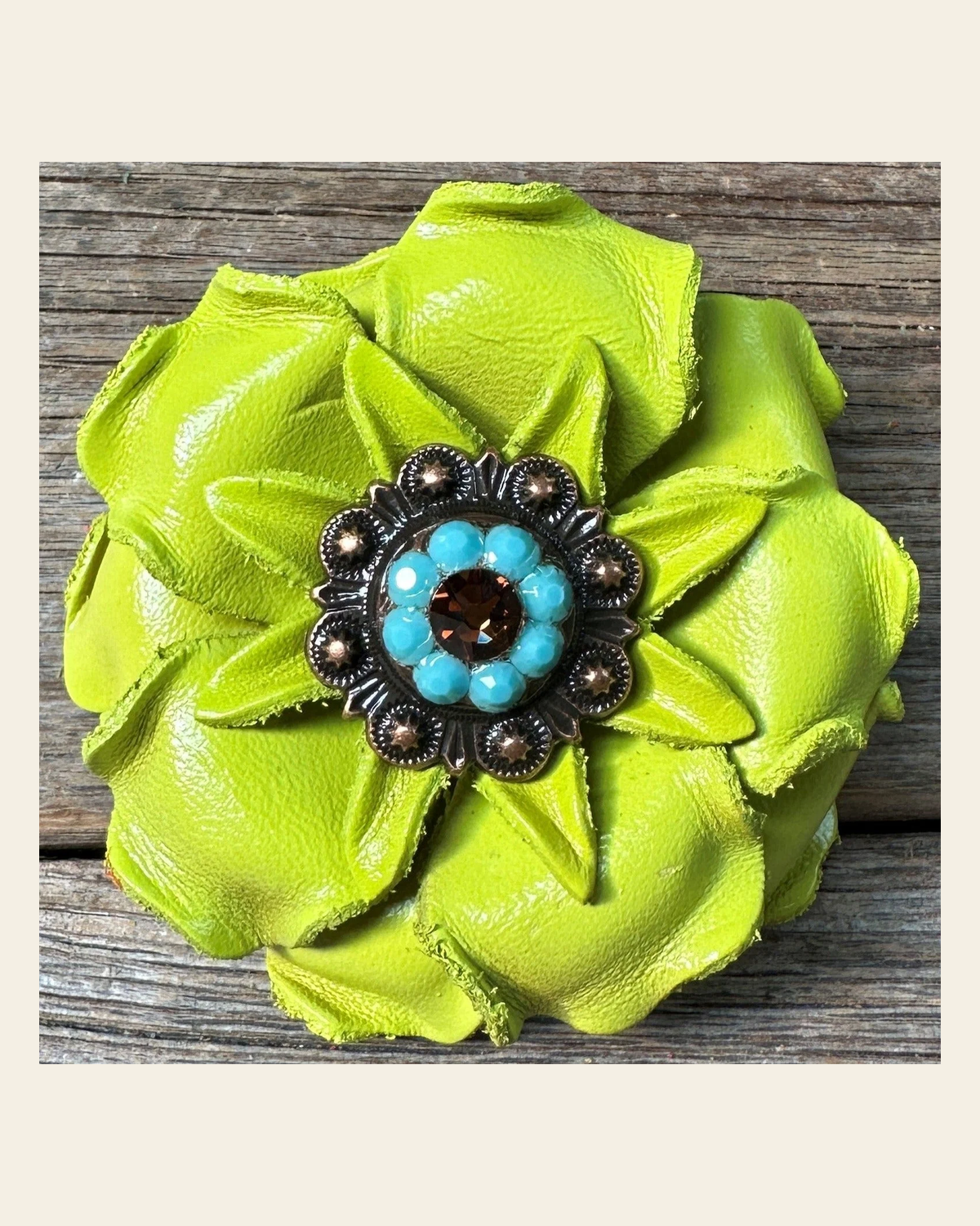 Neon Lime Gardenia Flower With Copper Topaz & Turquoise 1" Concho on a warm cream background