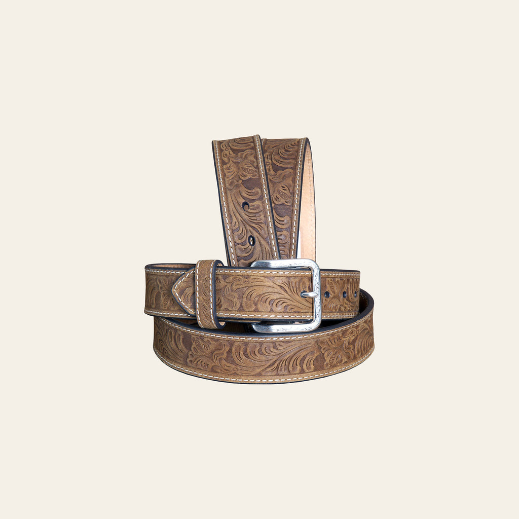 Nocona Leather Mens Belt Embossed Floral Tooled Engraved Buckle