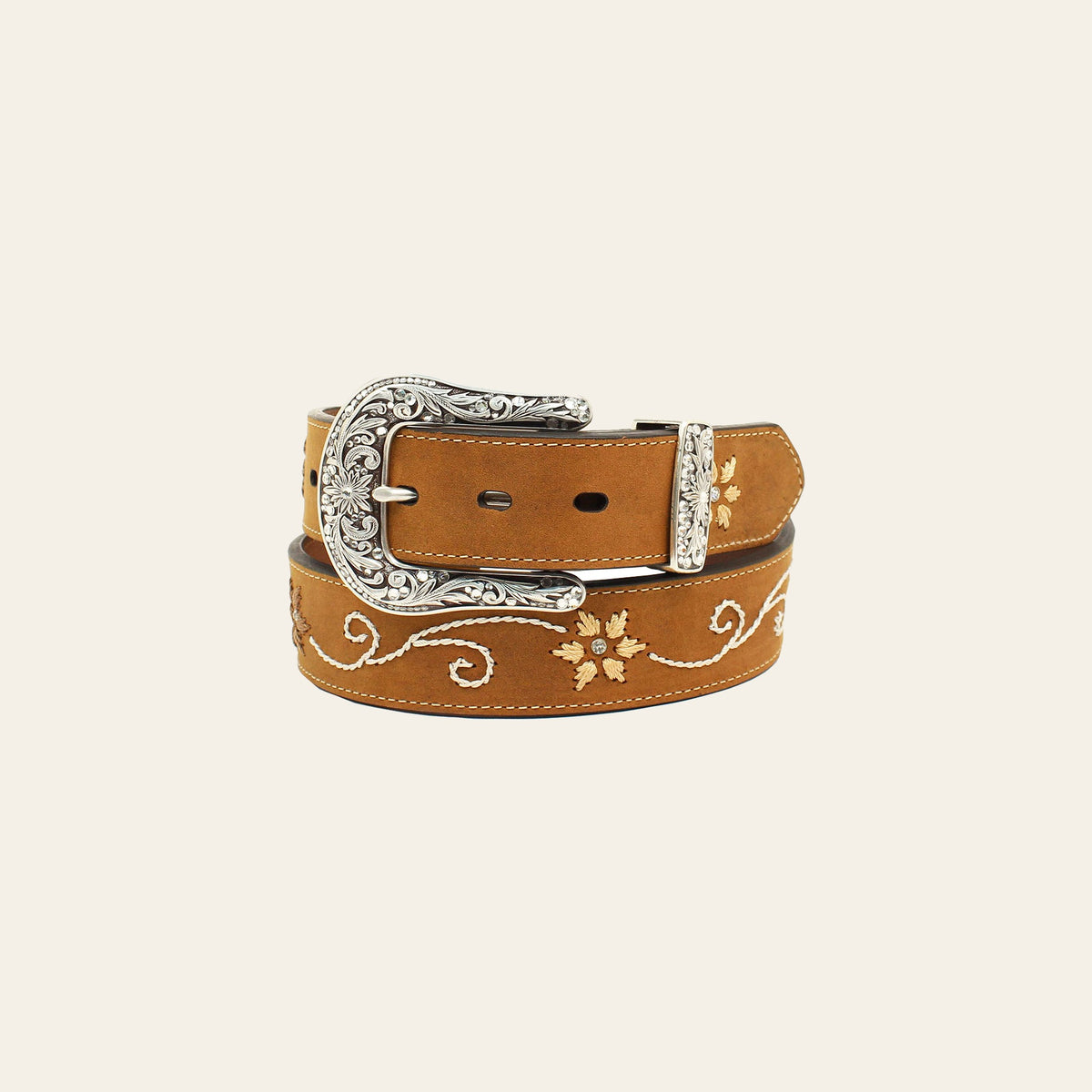 Nocona Womens Belt Genuine Leather Floral Stitched Brown