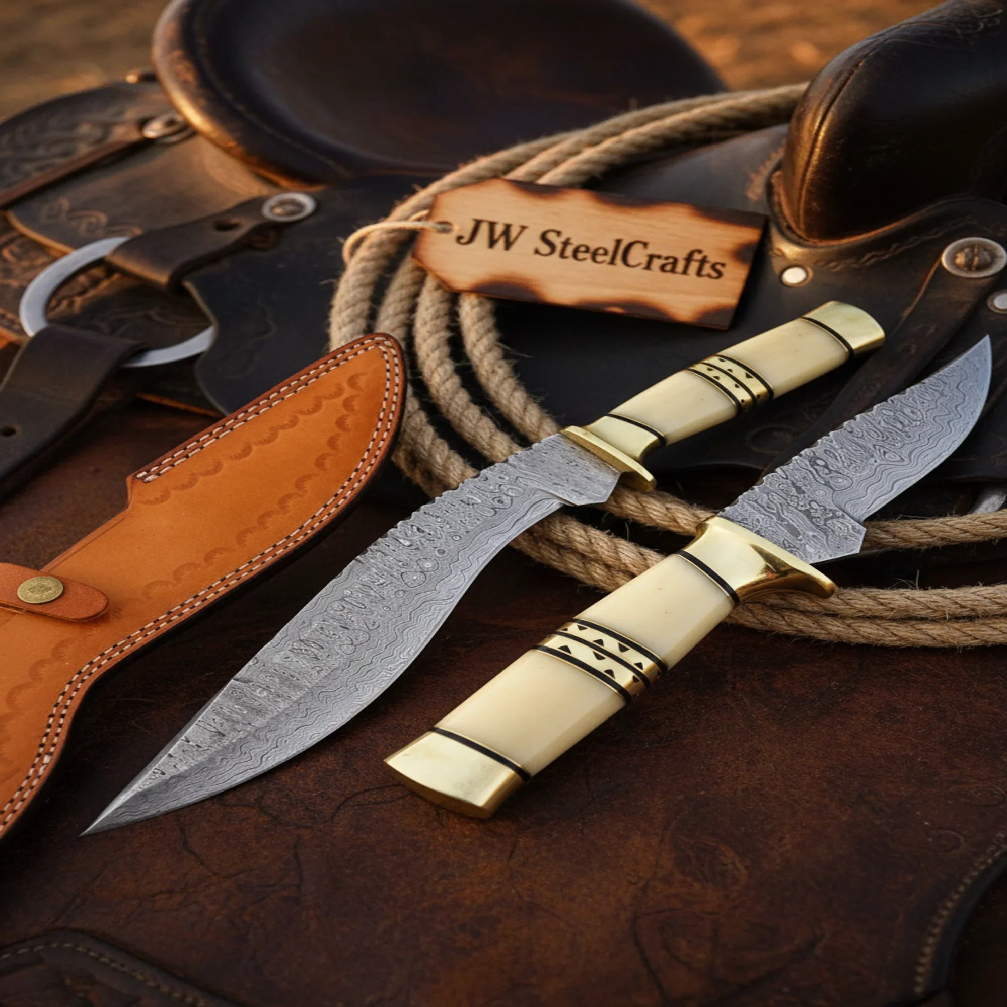 Nooraki Handmade Damascus Steel Kukri Knife 7" Camel Bone Handle Steel Bolster