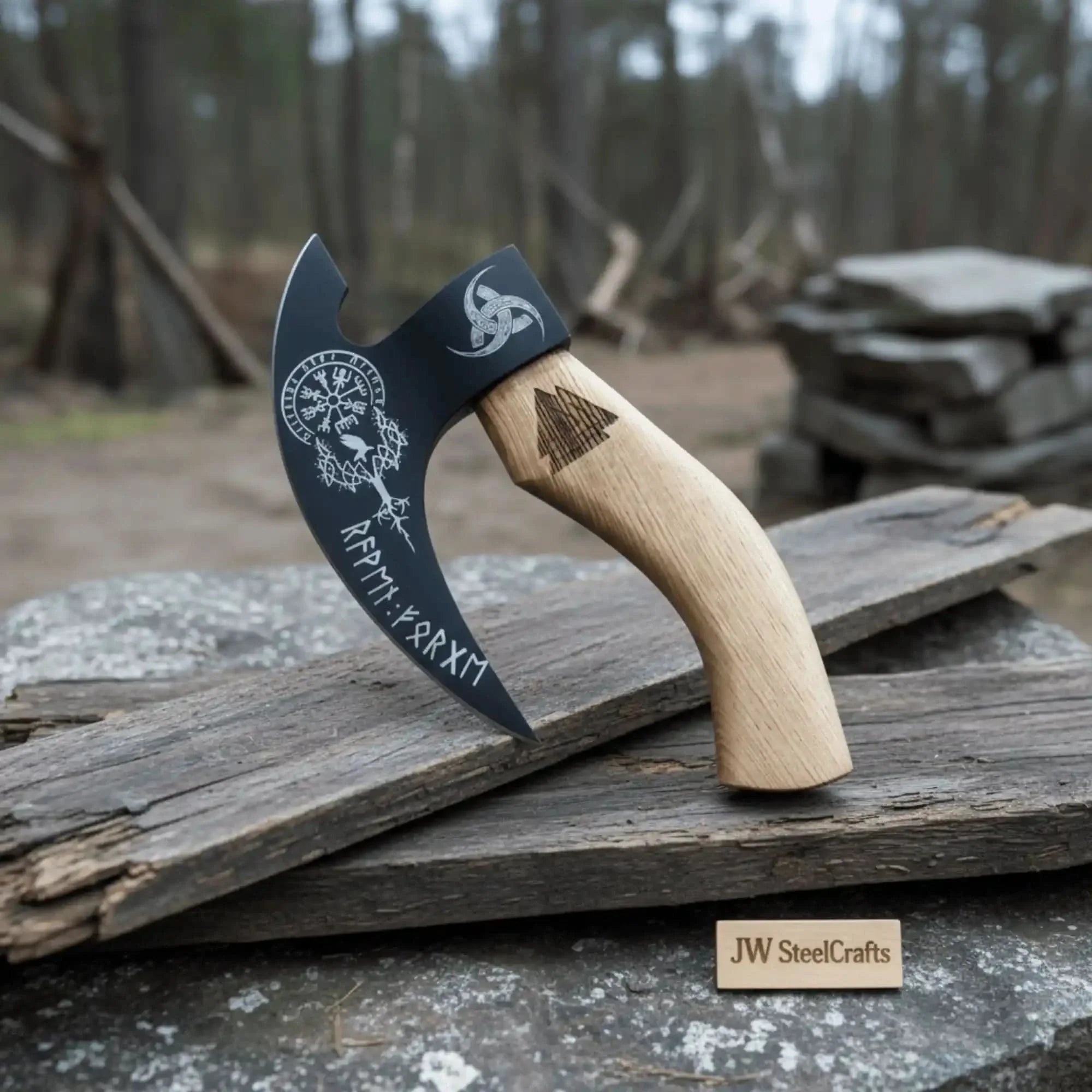 Viking Rune Engraved Bearded Axe Pizza Cutter — Carbon Steel Blade, Ash Wood Handle