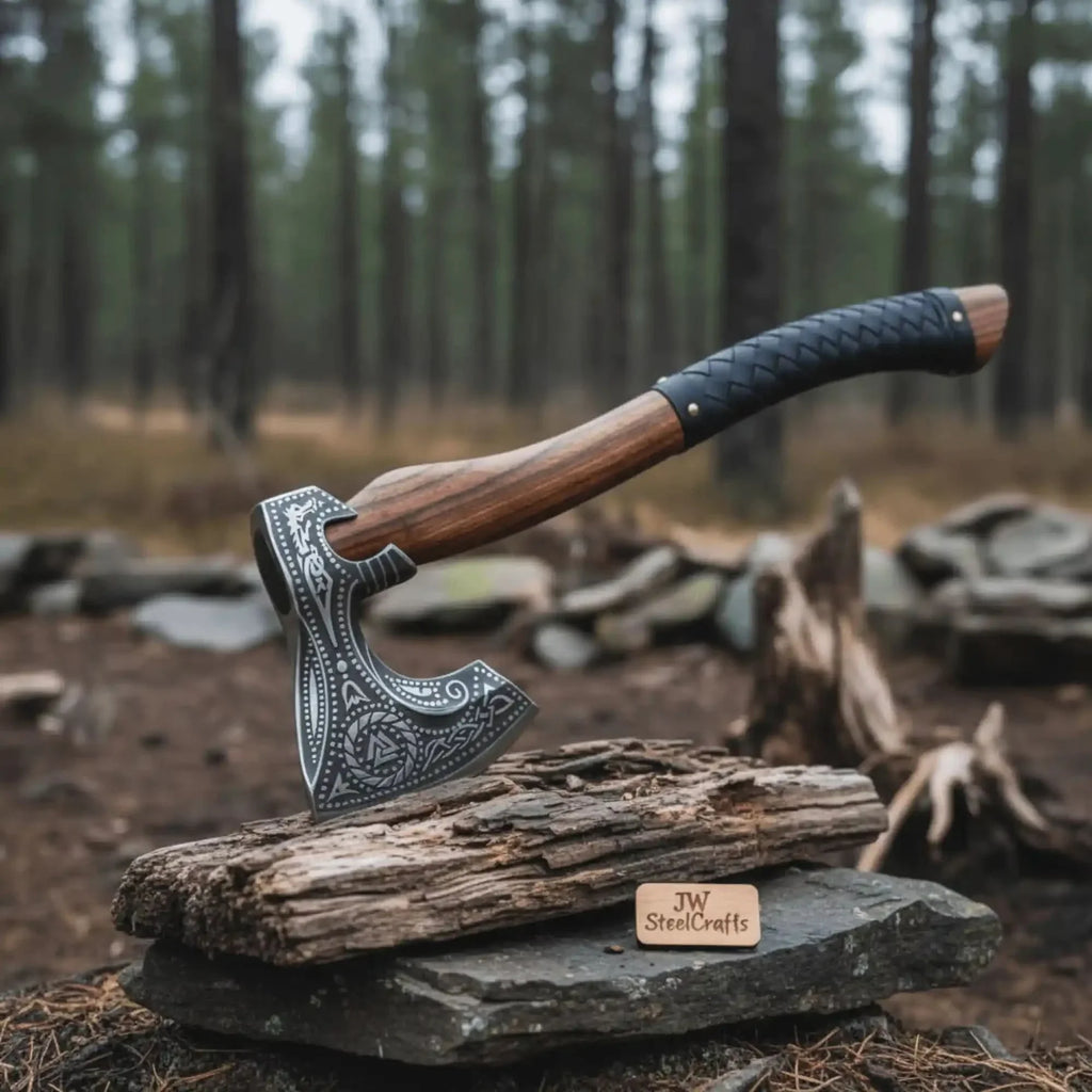 Norse Engraved Camp Hatchet with Leather Wrapped Handle and Belt Sheath | JW SteelCrafts