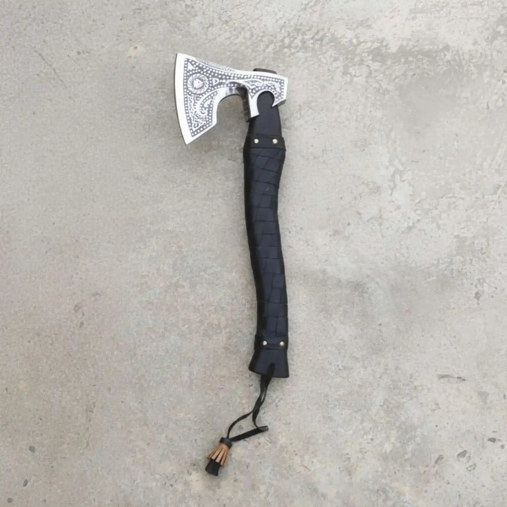 Handmade Viking Axe with High Carbon Steel Blade, Custom Engraving and Leather Sheath
