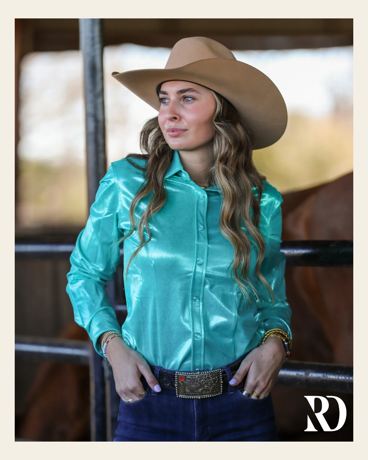 Ocean Sparkle Performance Rodeo Shirt on a warm cream background