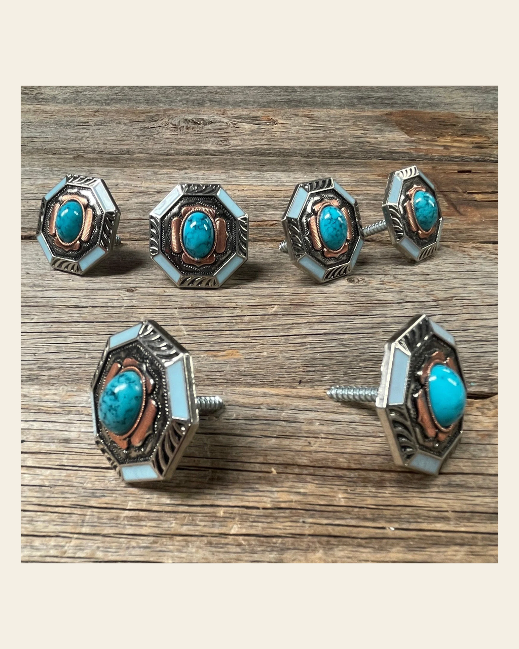 Octagon Turquoise and Blue Enamel Saddle Set SSW221L on a warm cream background