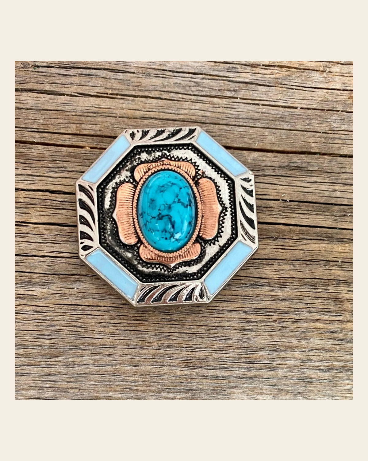 Octagon Turquoise Floral Western Concho 1.25" W221L on a warm cream background