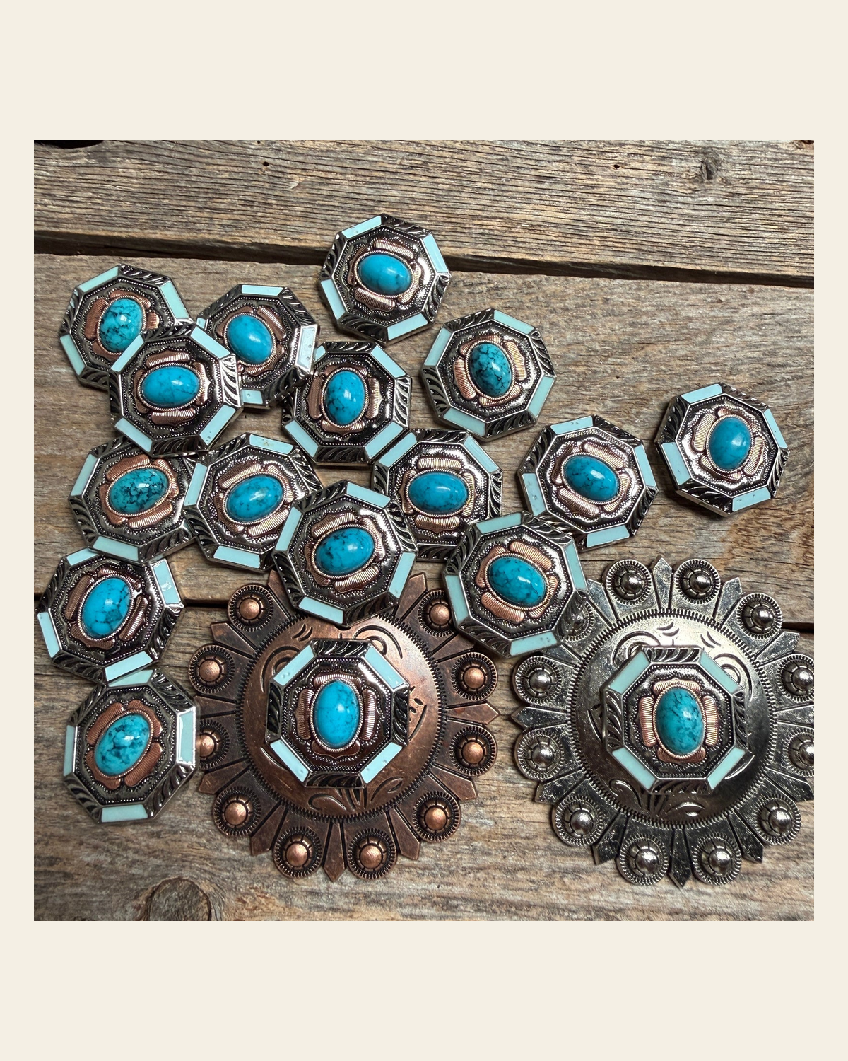 Octagon Turquoise Floral Western Concho W221 on a warm cream background