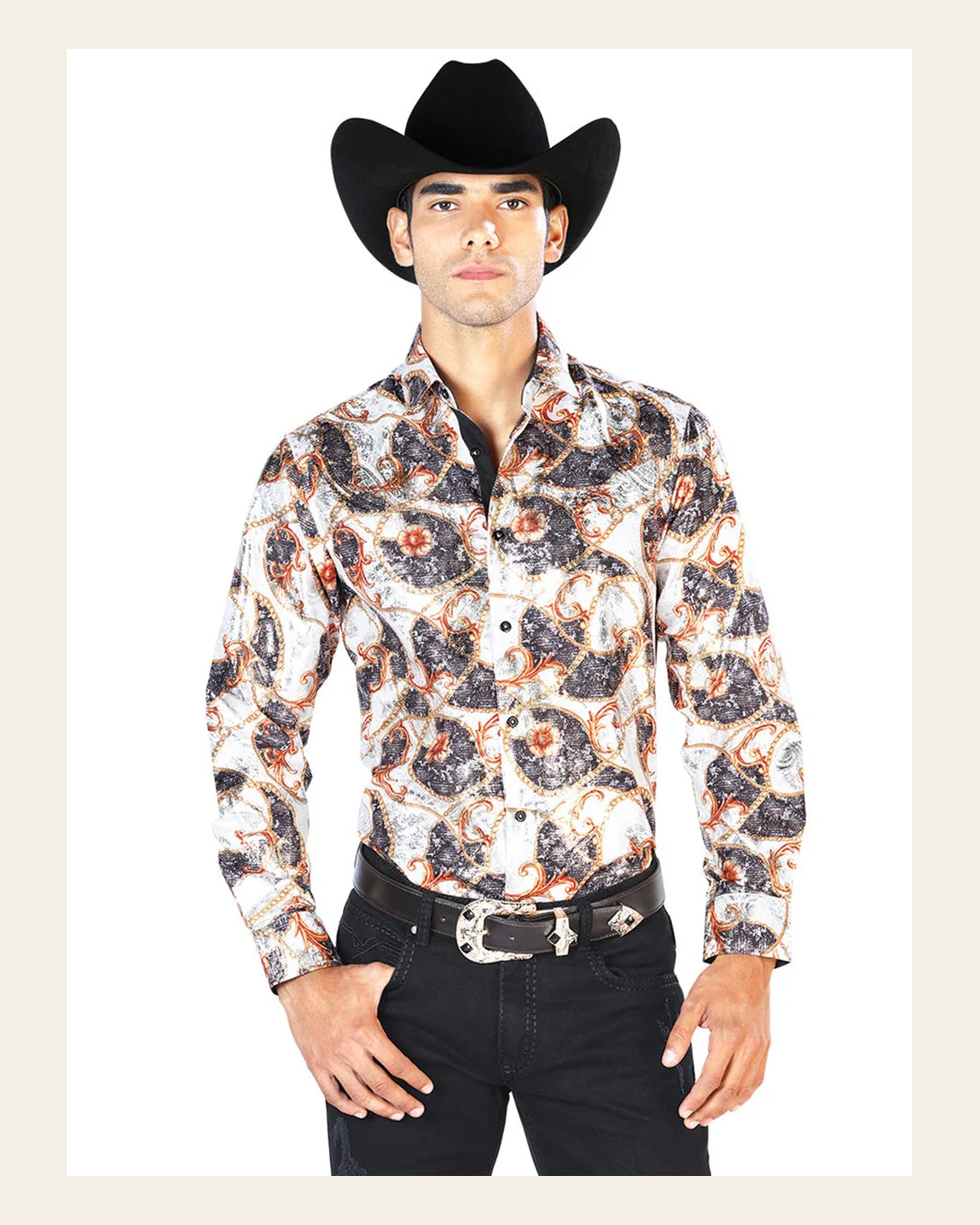 Off White And Gold Casual Long Sleeve Shirt 43566 on a warm cream background