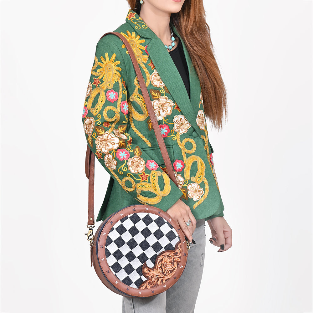 Ohlay Round Western Crossbody Bag for Women, Hand Tooled Genuine Leather Purse