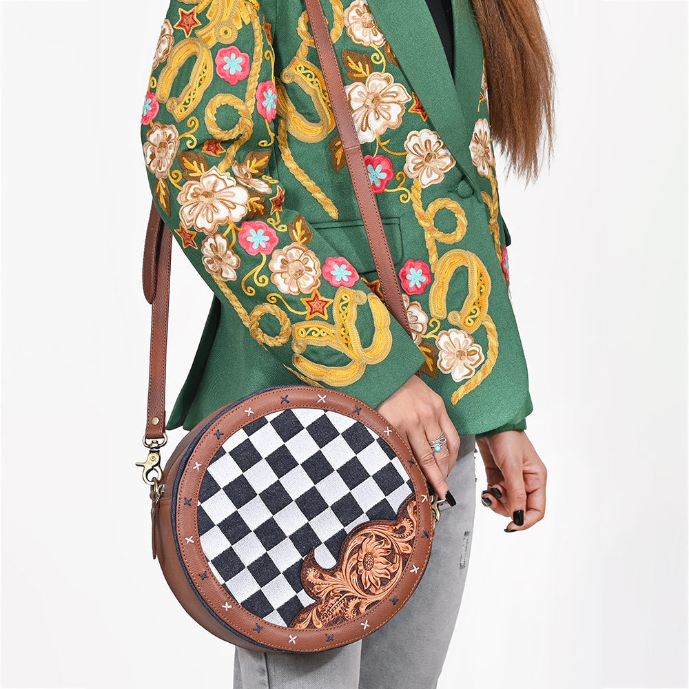 Ohlay Round Western Crossbody Bag for Women, Hand Tooled Genuine Leather Purse