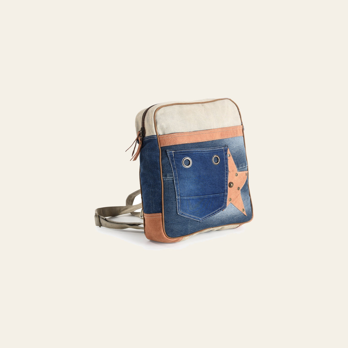 Ohlay Bags OHV136 Backpack Upcycled Canvas 100% Cotton Demin Genuine Leather Women Bag Western Handbag Purse