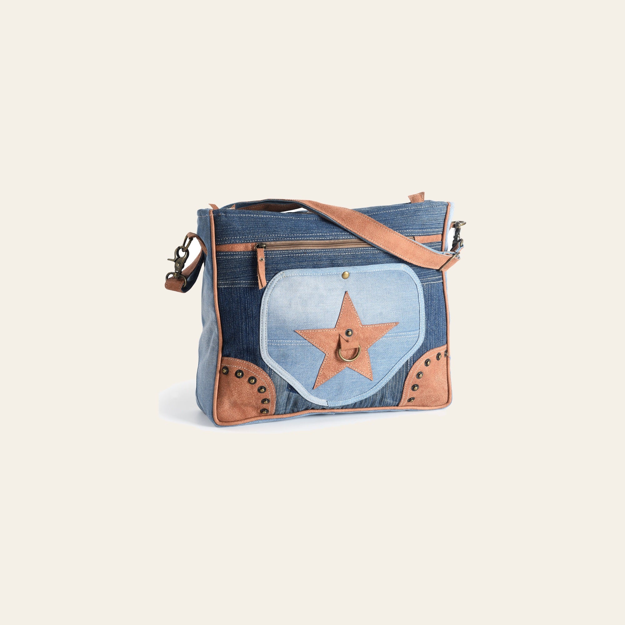 Ohlay Bags OHV143 Cross Body I Upcycled Canvas 100% Cotton Demin Genuine Leather Women Bag Western Handbag Purse