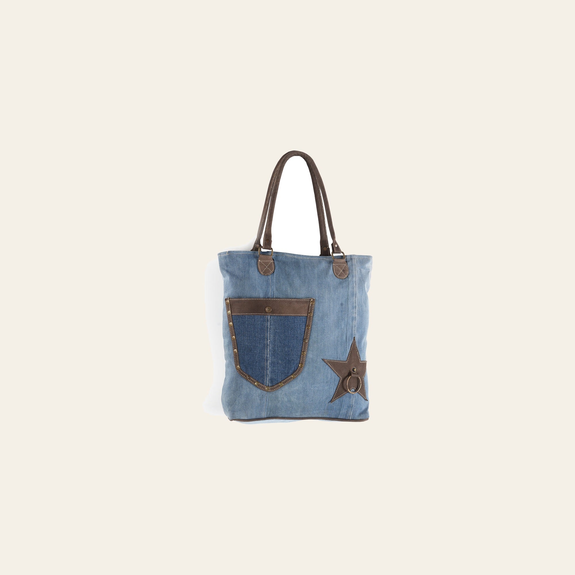 Ohlay Bags OHV158 Tote Upcycled Canvas 100% Cotton Demin Genuine Leather Women Bag Western Handbag Purse