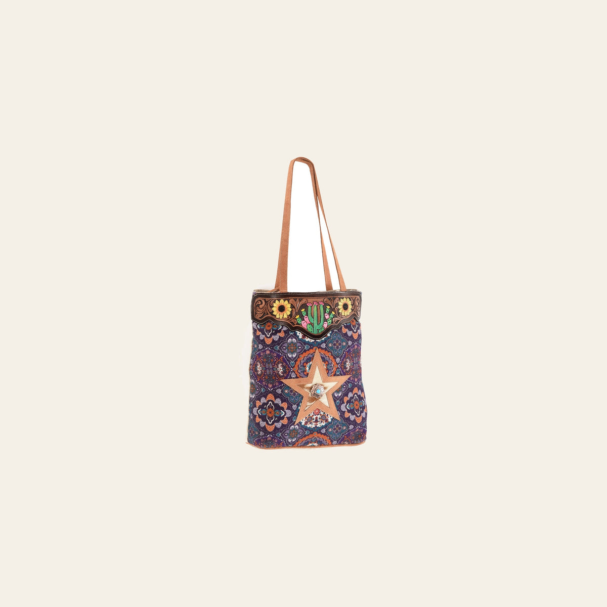 Ohlay Bags OHV162 Tote Hand Tooled Upcycled Canvas Hair-On Genuine Leather Women Bag Western Handbag Purse