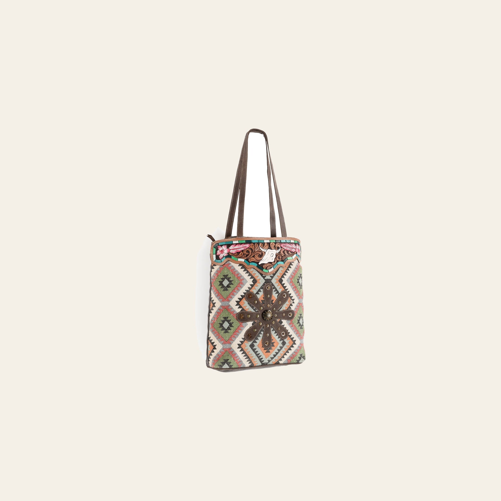 Ohlay OHV166 Tote Hand Tooled Upcycled Wool Canvas Hair-On Genuine Leather Women Bag Western Handbag Purse