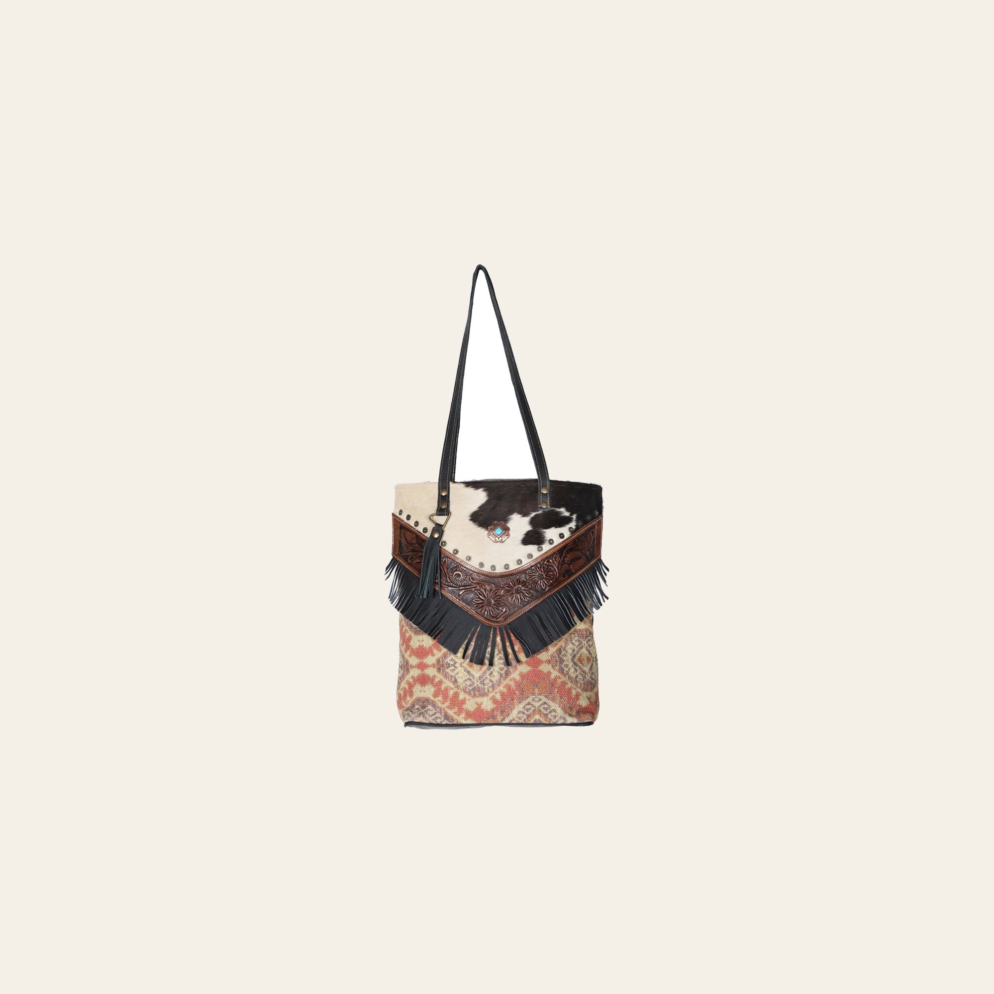 Ohlay Bags OHV179 Tote Hand Tooled Upcycled Canvas Hair-On Genuine Leather Women Bag Western Handbag Purse