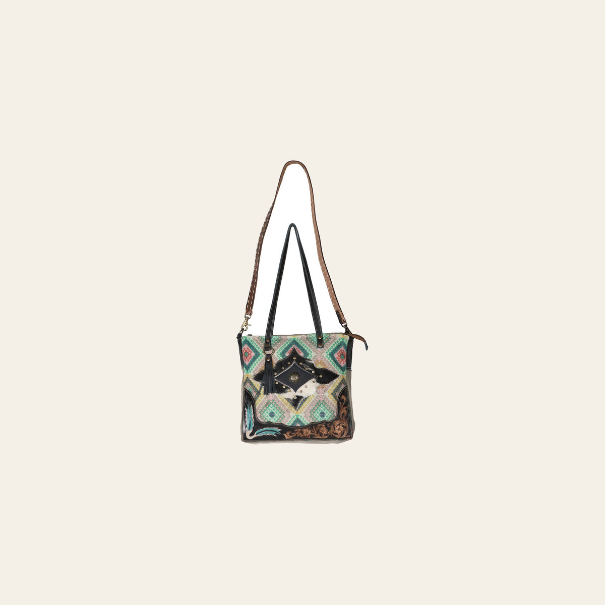 Ohlay Bags OHV182 Tote Hand Tooled Upcycled Canvas Hair-On Genuine Leather Women Bag Western Handbag Purse